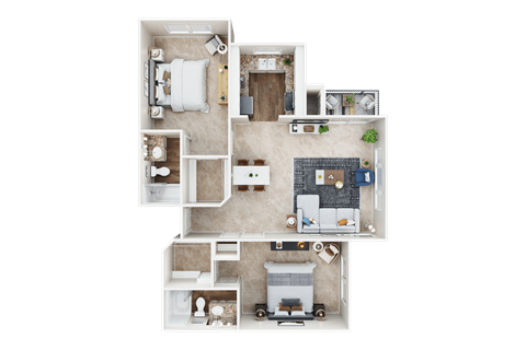 Floor plan for 2 beds, 2 baths, 969 sqft